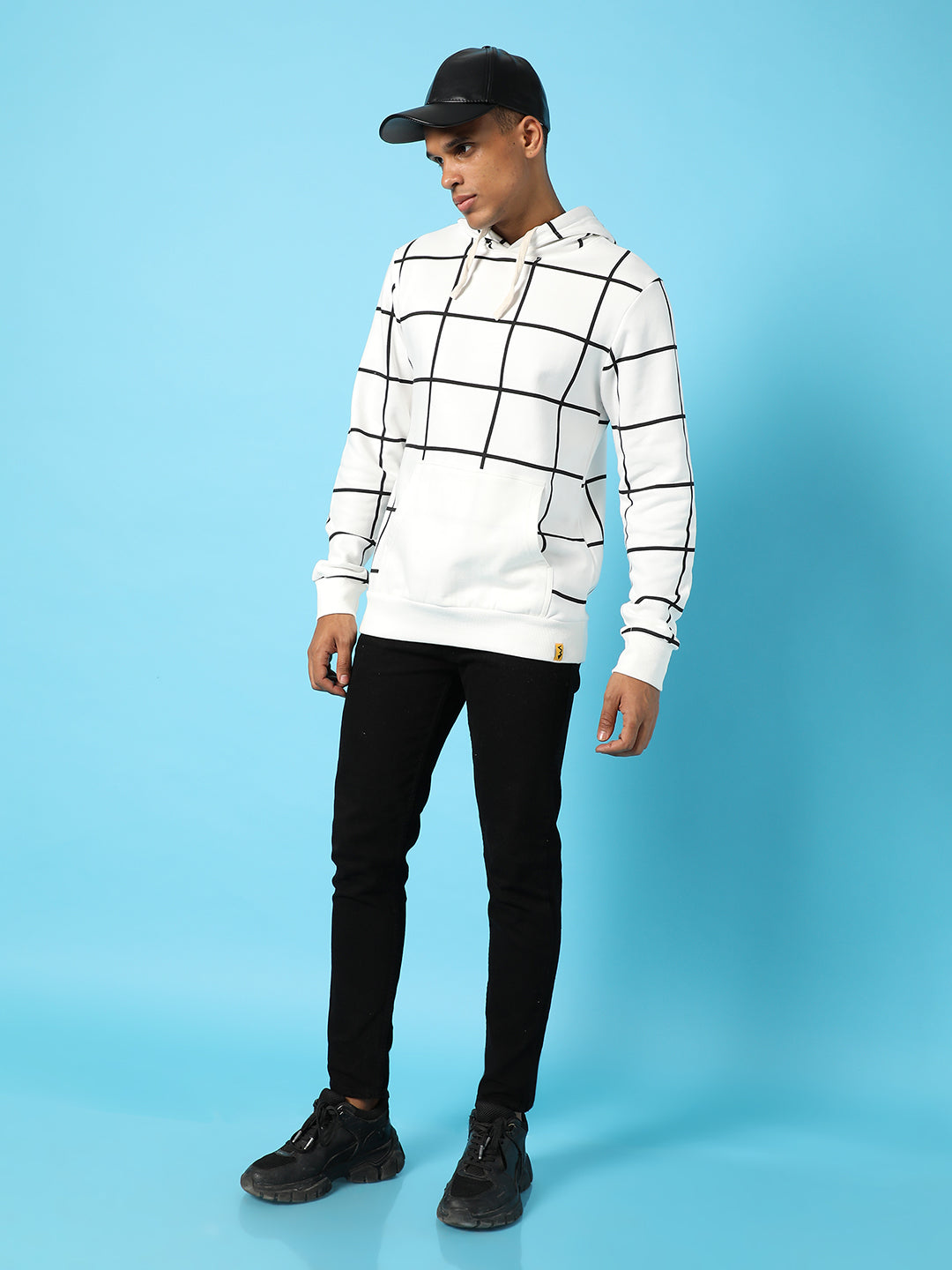 Contrast Graph Check Hoodie With Kangaroo Pocket