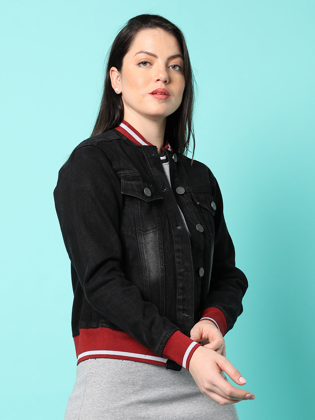 Dark-Wash Denim Jacket With Contrast Hem