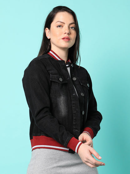 Dark-Wash Denim Jacket With Contrast Hem