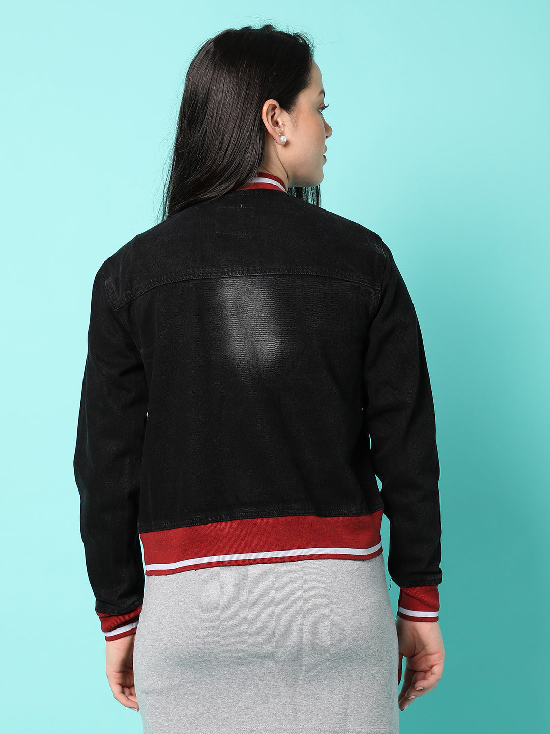 Dark-Wash Denim Jacket With Contrast Hem