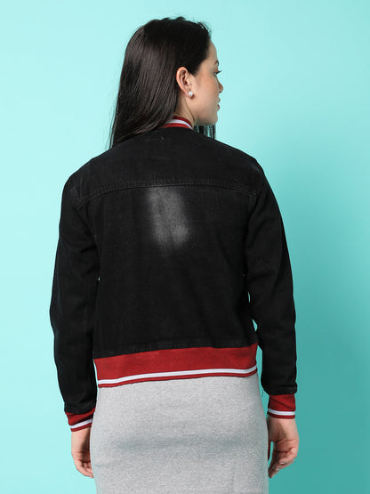 Dark-Wash Denim Jacket With Contrast Hem