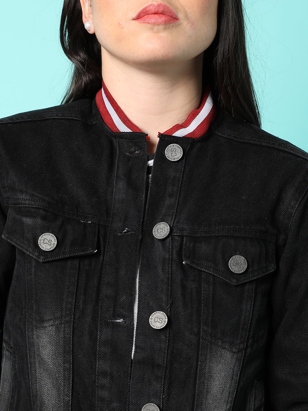 Dark-Wash Denim Jacket With Contrast Hem