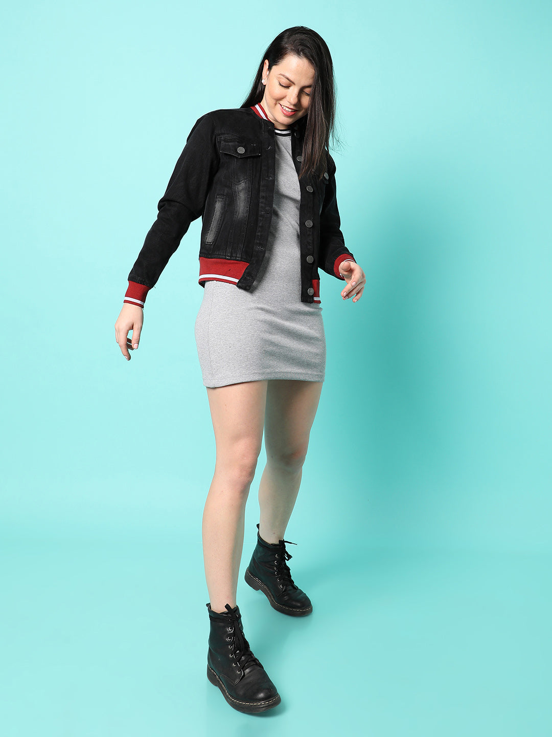 Dark-Wash Denim Jacket With Contrast Hem