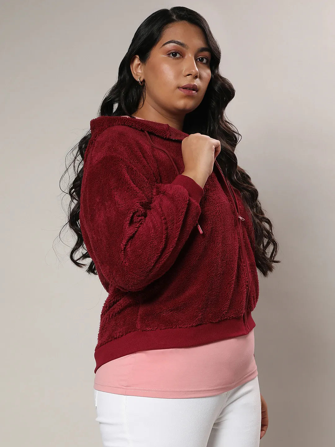 Carmine Red Zip-Front Fleece Hoodie