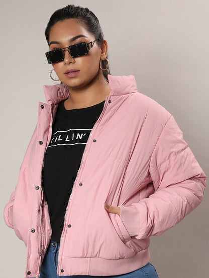 Blush Pink Puffer Jacket With Angled Open Pockets