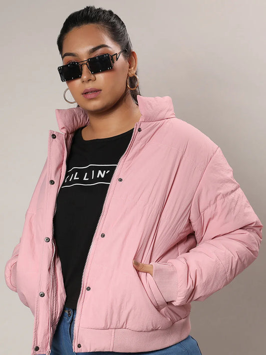 Blush Pink Puffer Jacket With Angled Open Pockets