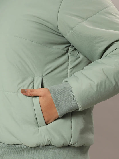 Women's Sage Green Quilted Bomber Jacket With Ribbed Hem