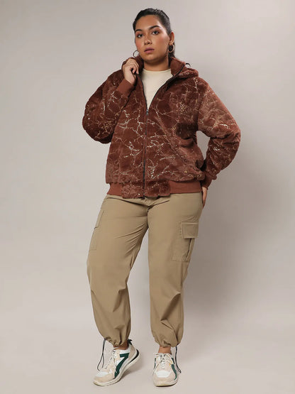 Chocolate Brown Metallic Veined Faux Fur Jacket