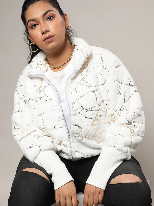 Chalk White Metallic Veined Faux Fur Jacket