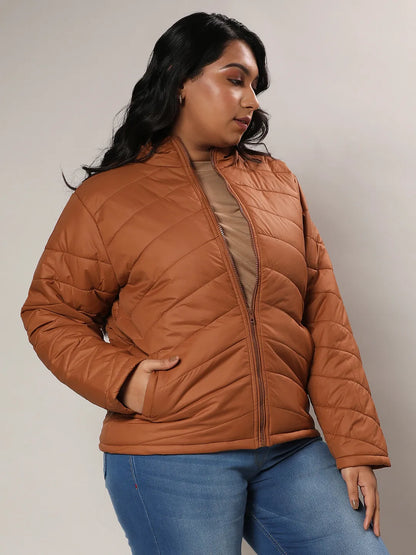 Tan Brown Quilted Puffer Jacket With Zip Closure