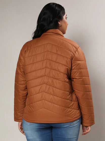 Tan Brown Quilted Puffer Jacket With Zip Closure