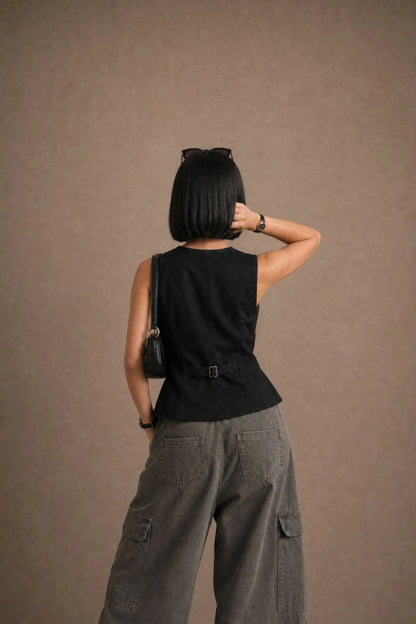 Women's Buttoned Waistcoat With Pocket Flaps