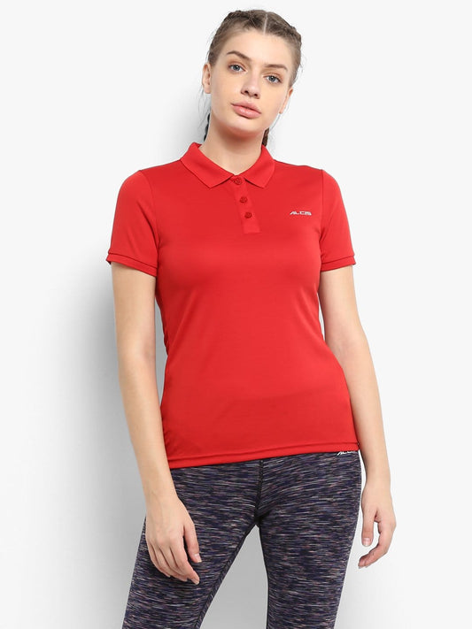 Alcis Women Red Solid Polo Collar T-shirt