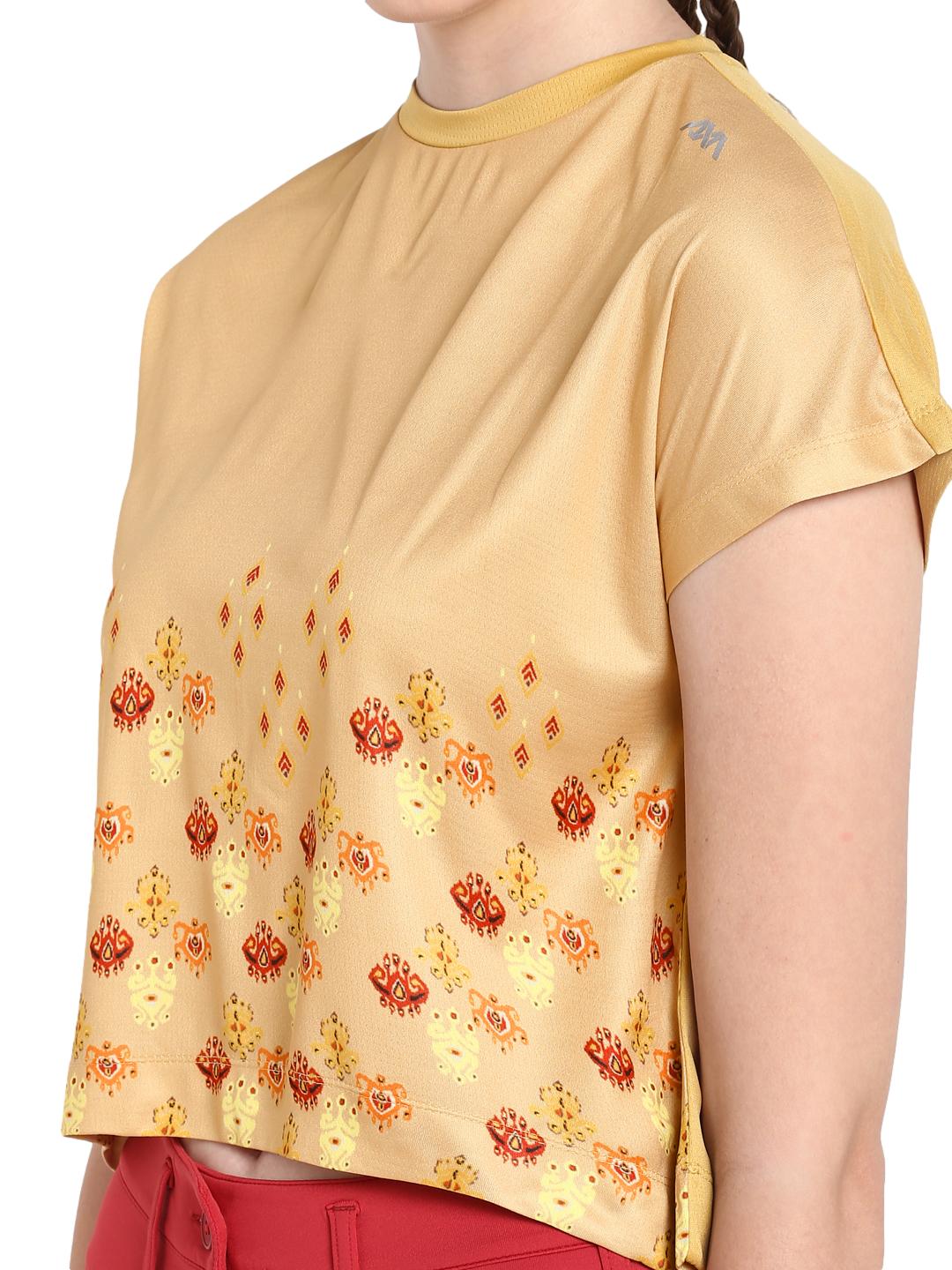 Alcis Women Beige Orange Printed Round Neck T-shirt