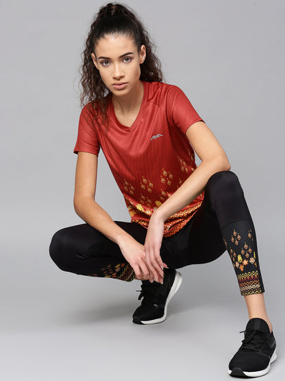 Alcis Women Rust Red Yellow Printed V-Neck T-shirt