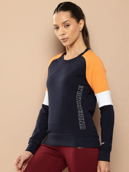 Alcis Women Navy Blue Orange Colourblocked Cotton Sweatshirt with Side Applique Prints