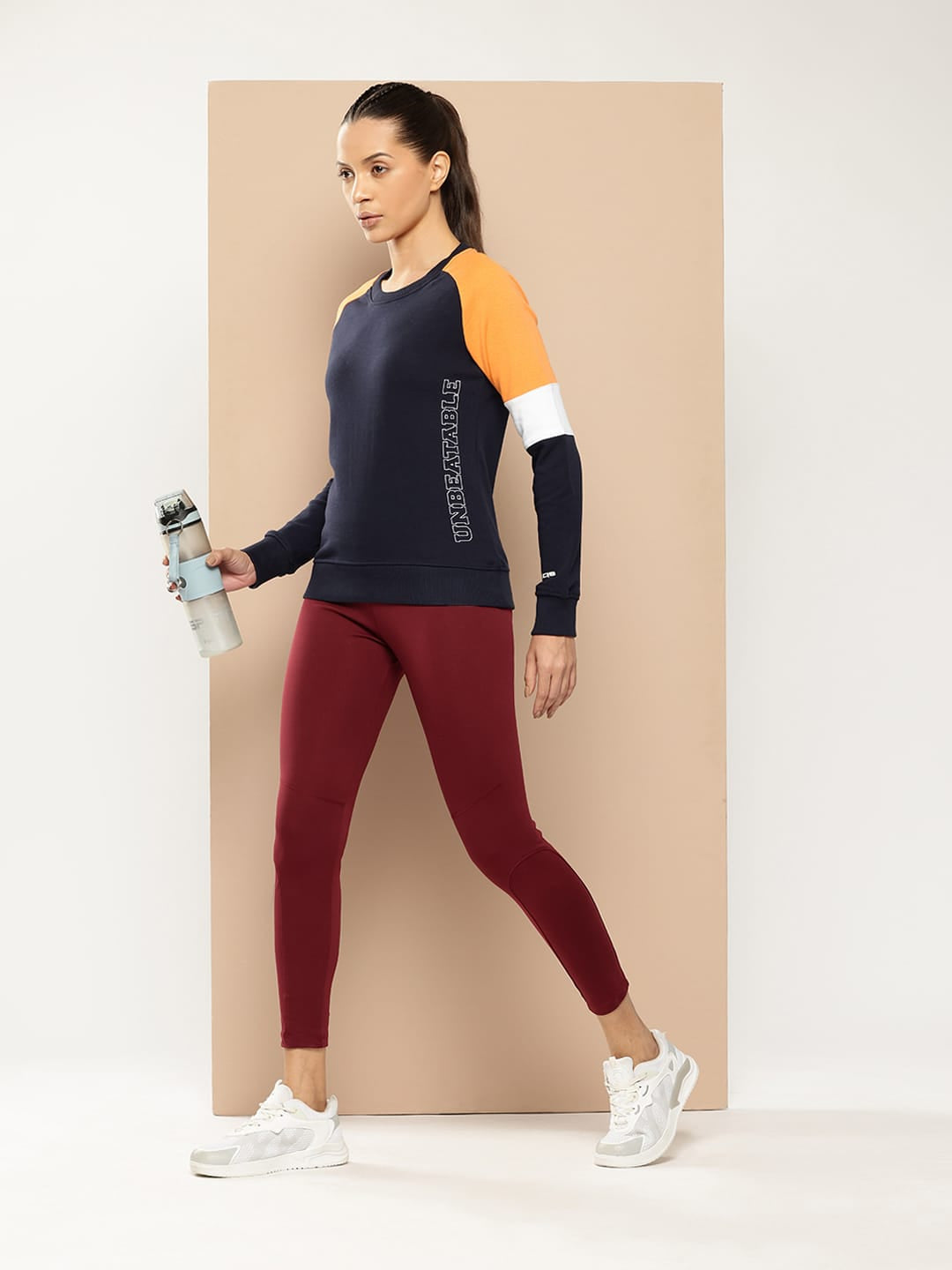 Alcis Women Navy Blue Orange Colourblocked Cotton Sweatshirt with Side Applique Prints