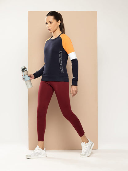 Alcis Women Navy Blue Orange Colourblocked Cotton Sweatshirt with Side Applique Prints