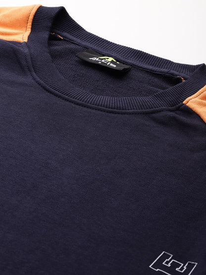 Alcis Women Navy Blue Orange Colourblocked Cotton Sweatshirt with Side Applique Prints