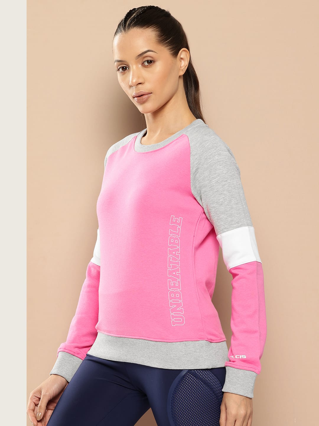 Alcis Women Pink Grey Melange Colourblocked Cotton Sweatshirt with Side Applique Prints