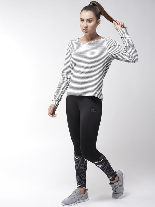 Alcis Women White Navy Blue Slim Fit Striped Round Neck Yoga T-shirt