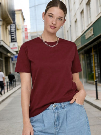 Women Maroon Solid Round Neck Regular Fit Cotton T-shirt