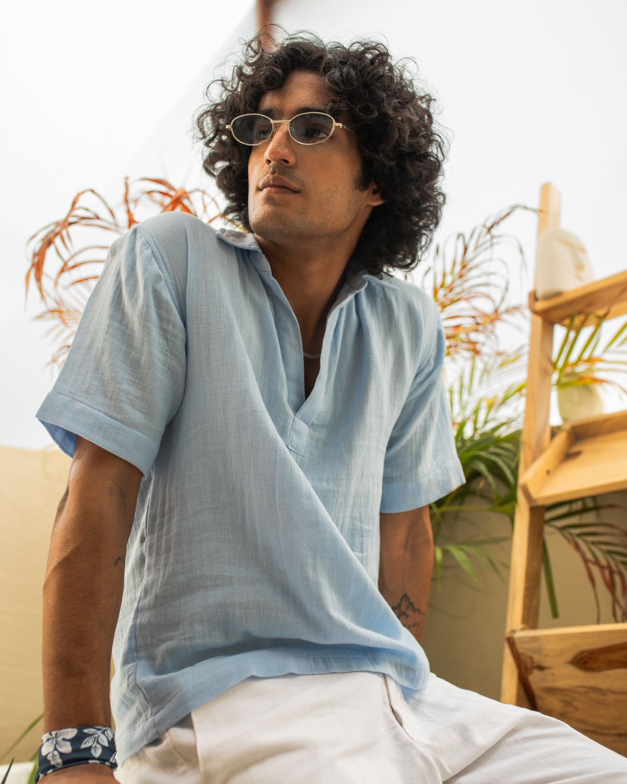 Cloud Powder Blue Double Cloth Cropped Polo Shirt