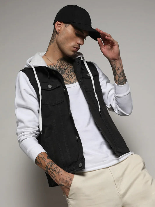 Medium-Wash Denim Jacket With Sweatshirt Sleeve