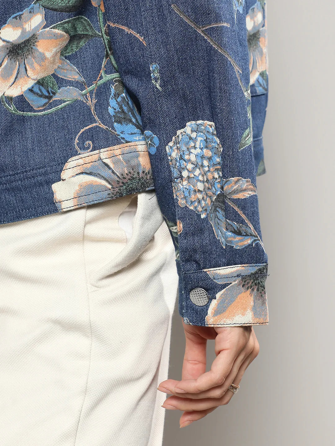 Women Blue Botanical Denim Jacket