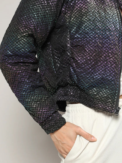 Women Carbon Black Holographic Print Puffer Jacket
