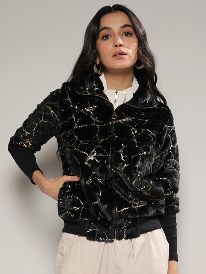 Metallic Veined Faux Fur Jacket