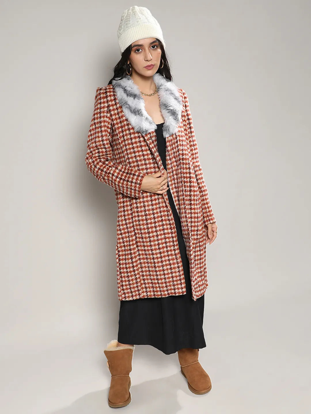 Houndstooth Long Coat With Faux Fur Neck