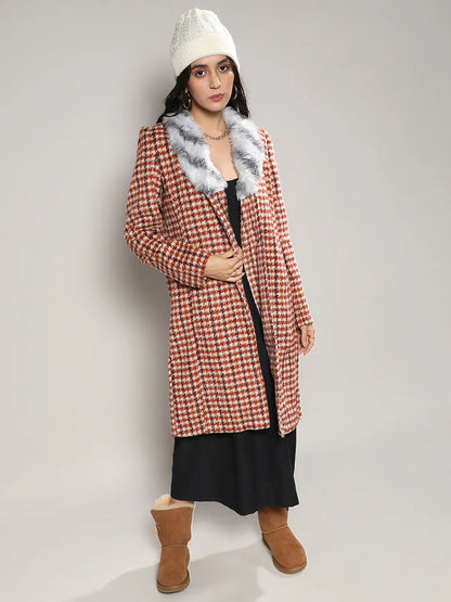 Houndstooth Long Coat With Faux Fur Neck