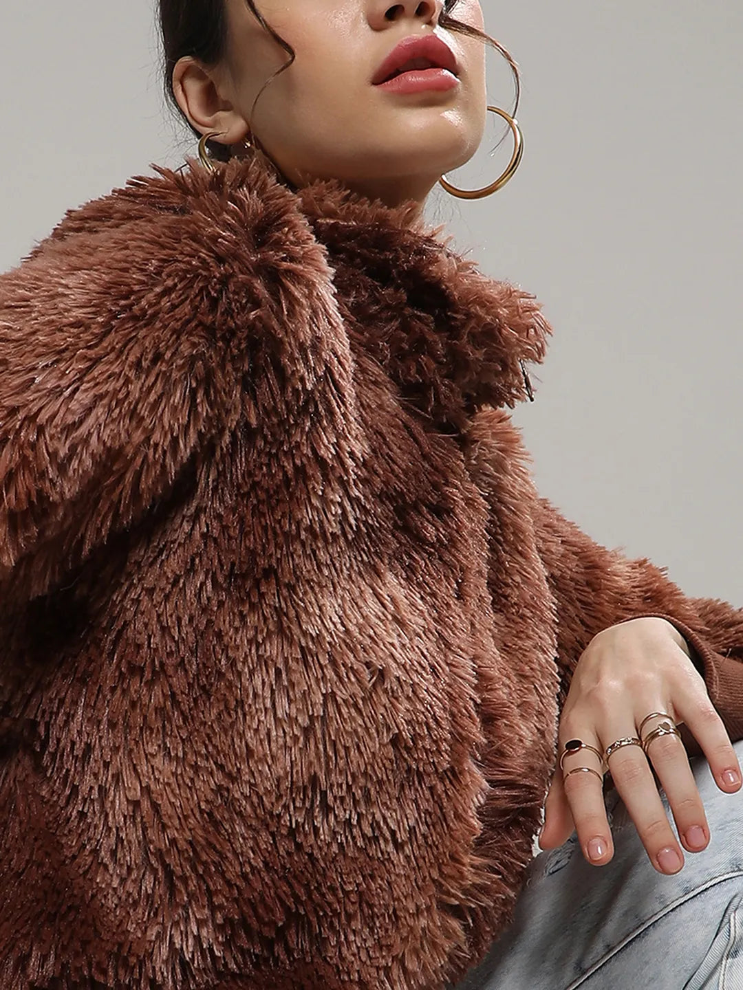 Women Chocolate Brown Faded Faux Fur Jacket