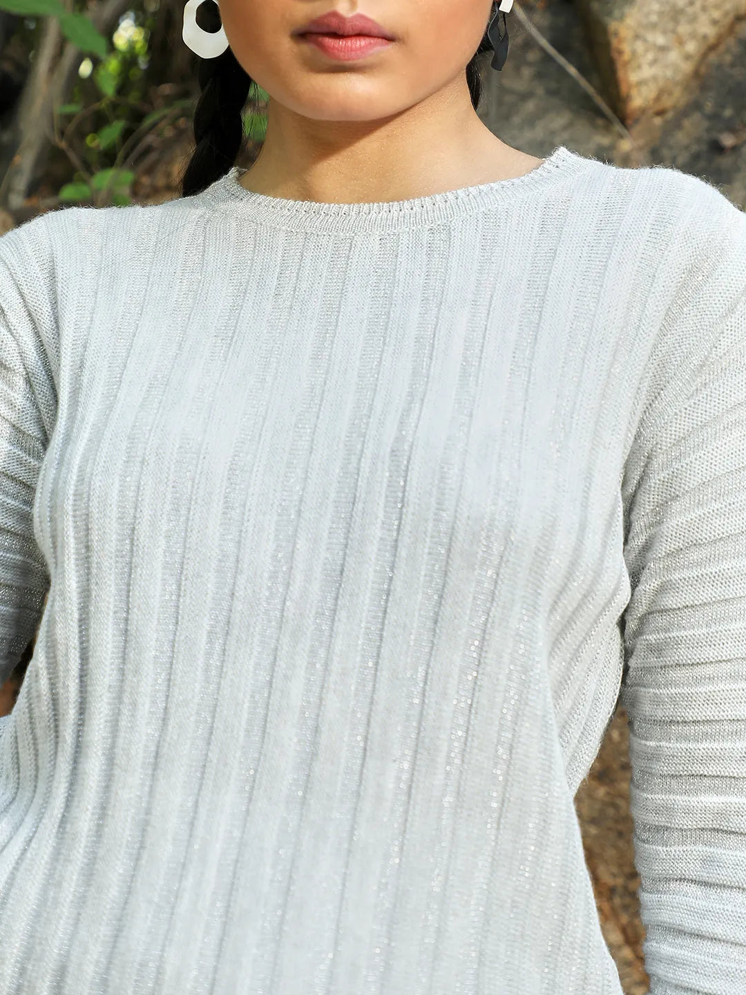 Women Grey Ribbed Knit Sweater