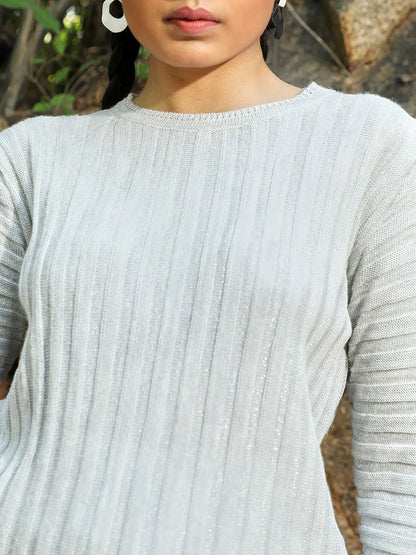 Women Grey Ribbed Knit Sweater