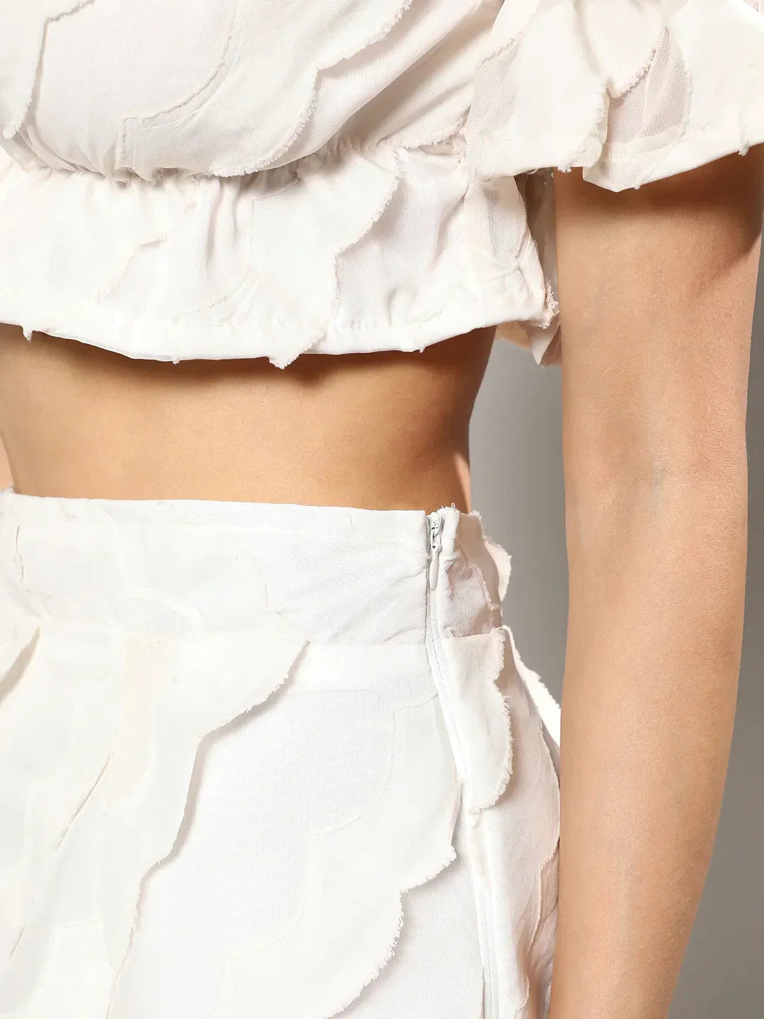 Women Ivory White Self-Design Cropped Co-Ord Set