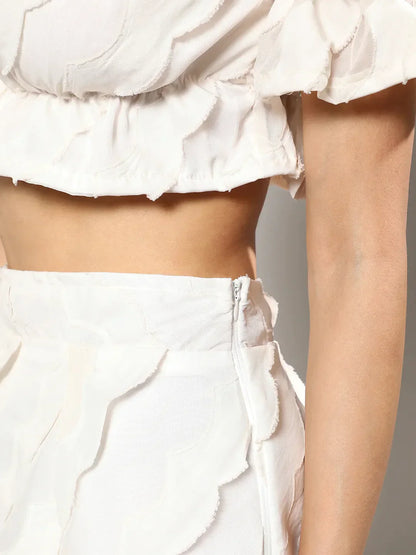 Women Ivory White Self-Design Cropped Co-Ord Set