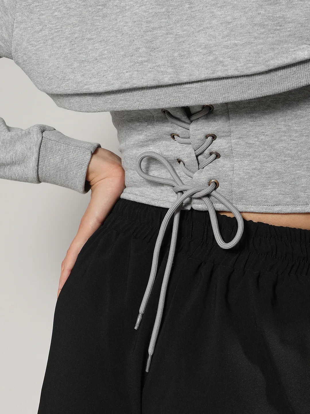 Women Light Grey Corset Top With Ultra Cropped Hoodie