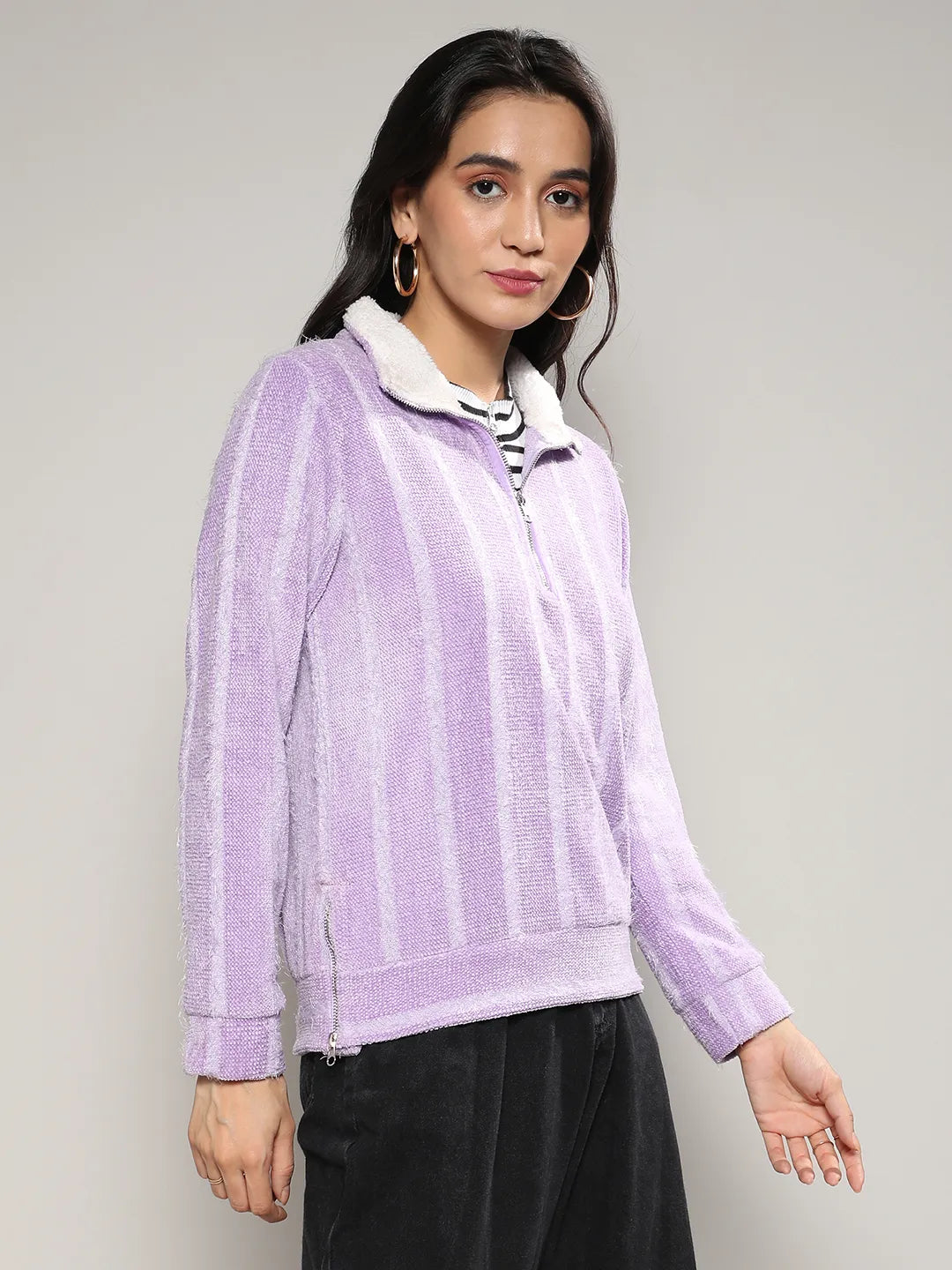 Textured Self-Design Striped Sweatshirt