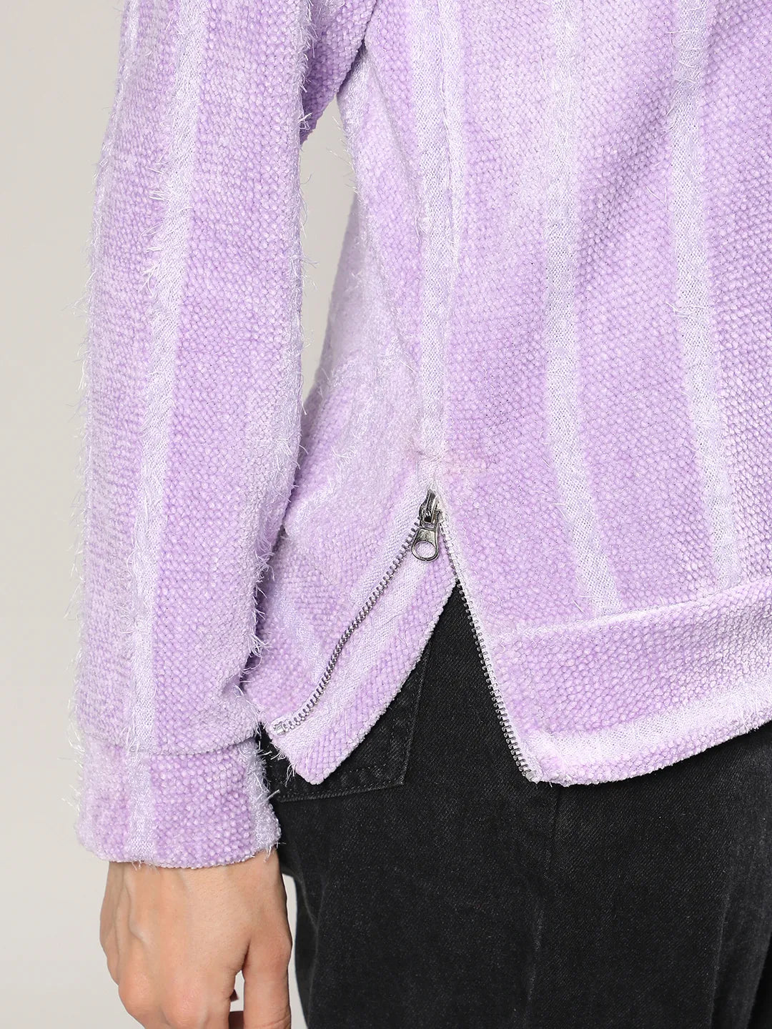 Women Lilac Textured Self-Design Striped Sweatshirt