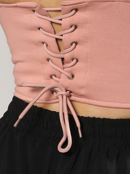Women Nude Pink Corset Top With Ultra Cropped Hoodie