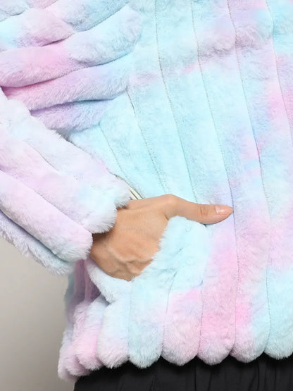 Women Powder Blue and Blush Pink Bubblegum Ripple Faux Fur Jacket