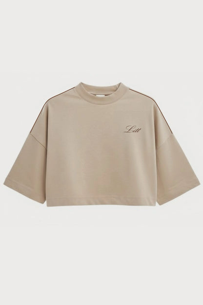 Women's Beige drop shoulder Litt cotton Crop Top