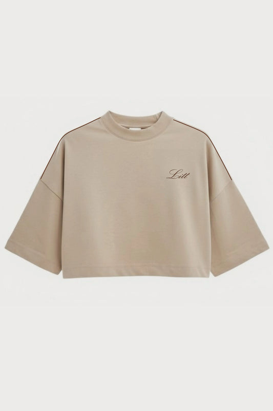 Women's Beige drop shoulder Litt cotton Crop Top