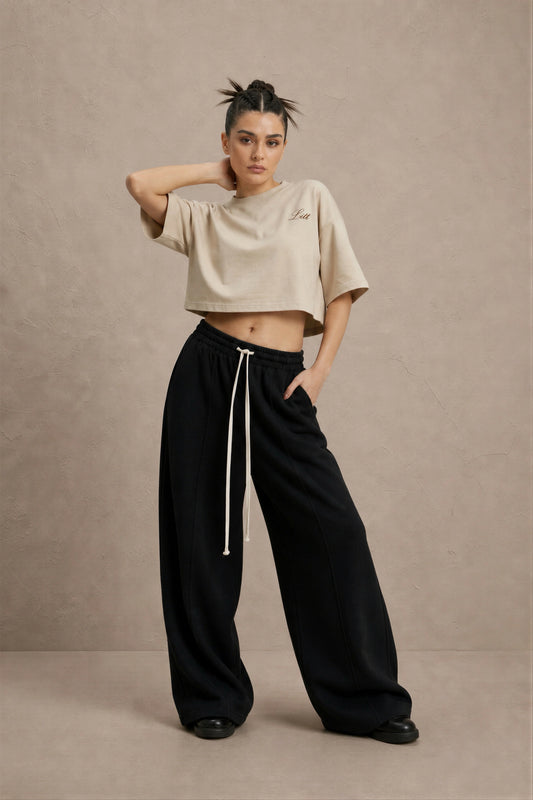 Women's Beige drop shoulder Litt cotton Crop Top
