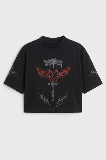 Women's Black Gothic  Printed Cotton Crop Top