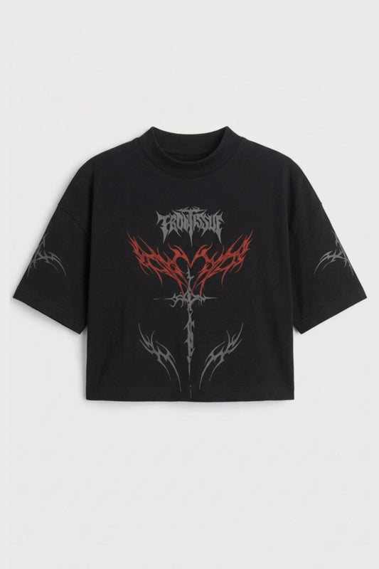 Women's Black Gothic  Printed Cotton Crop Top