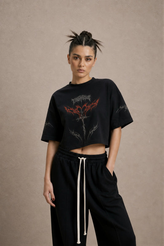Women's Black Gothic  Printed Cotton Crop Top