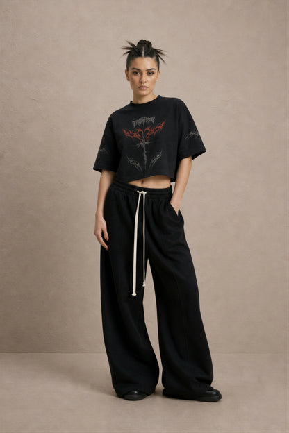 Women's Black Gothic  Printed Cotton Crop Top